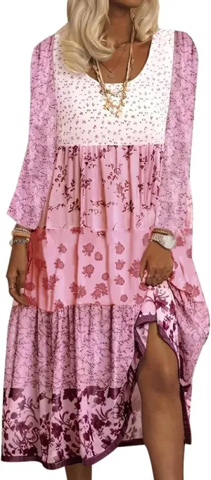 Womens Plus Size Fall Dresses Bohemian Floral Long Sleeve Crewneck Flowy Midi Dress S-5xl