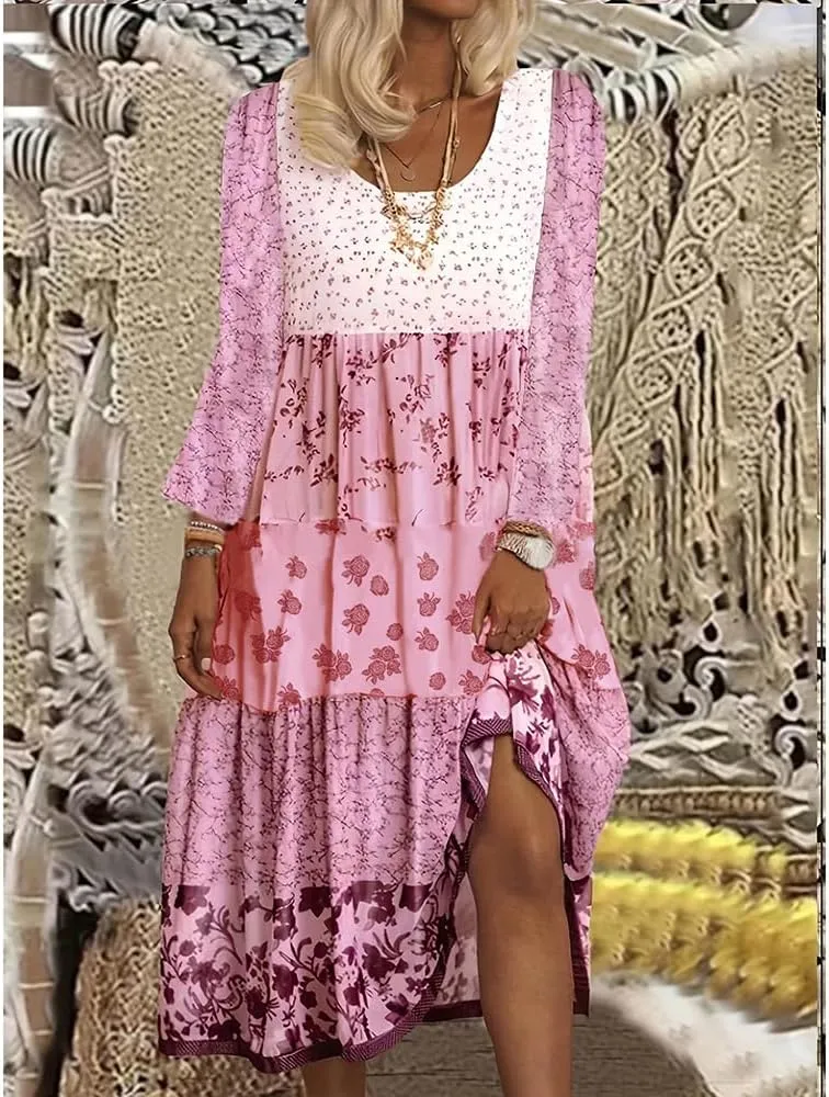 Womens Plus Size Fall Dresses Bohemian Floral Long Sleeve Crewneck Flowy Midi Dress S-5xl