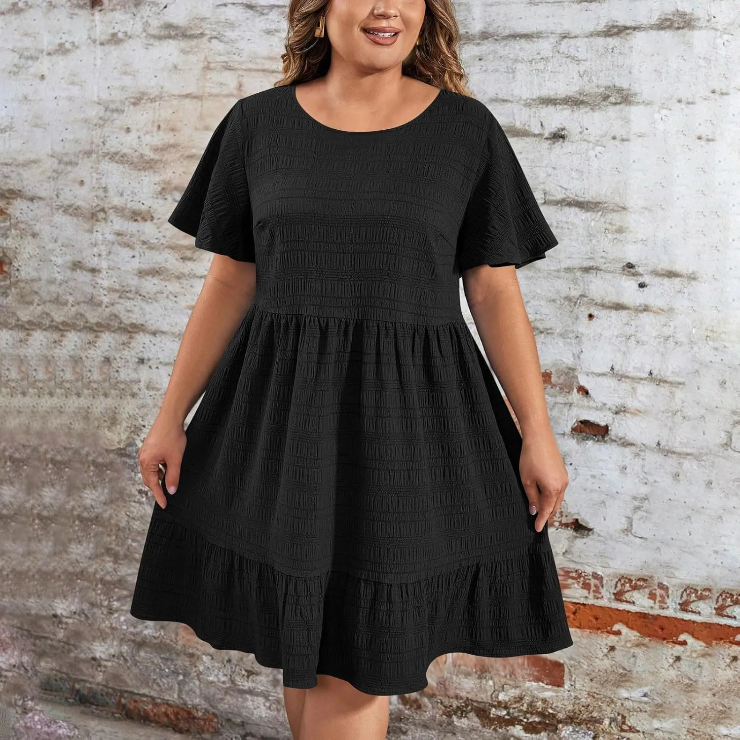 Womens Plus Size Mini Dress Pleated Patchwork Dresses Short Sleeve Crewneck Sundress Beach Wedding Guest Clothes 2025