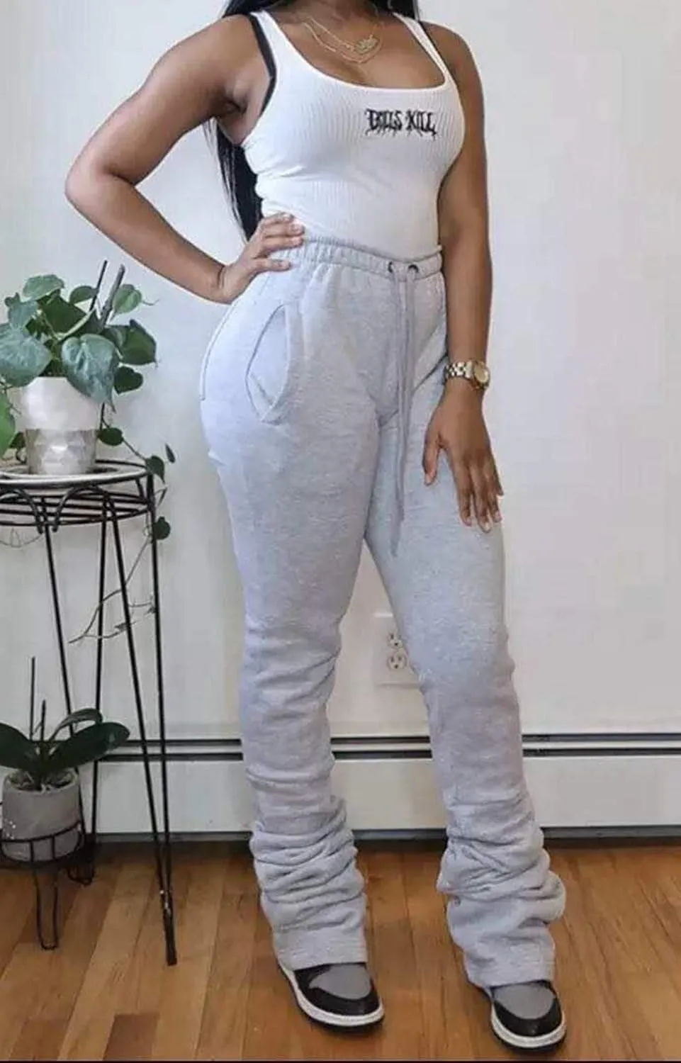 Womens Stacked Fleece Sweatpants Sherpa Lined Thicked Warm Athletic Active Jogger Ruched Lounge Pants
