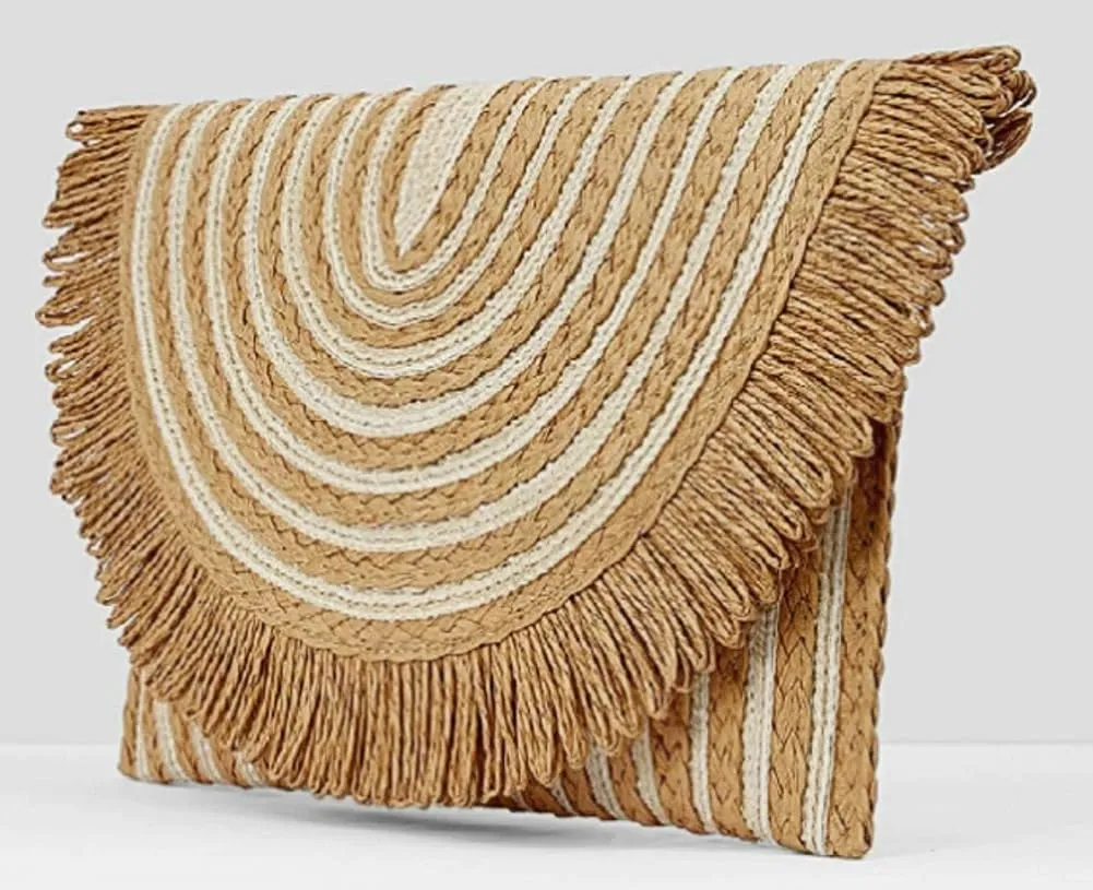 Womens Straw Clutch Handbags 2025 Fashion Fringe Envelope Bag Chain Woven Shoulder Crossbody Bag for Summer Vacation