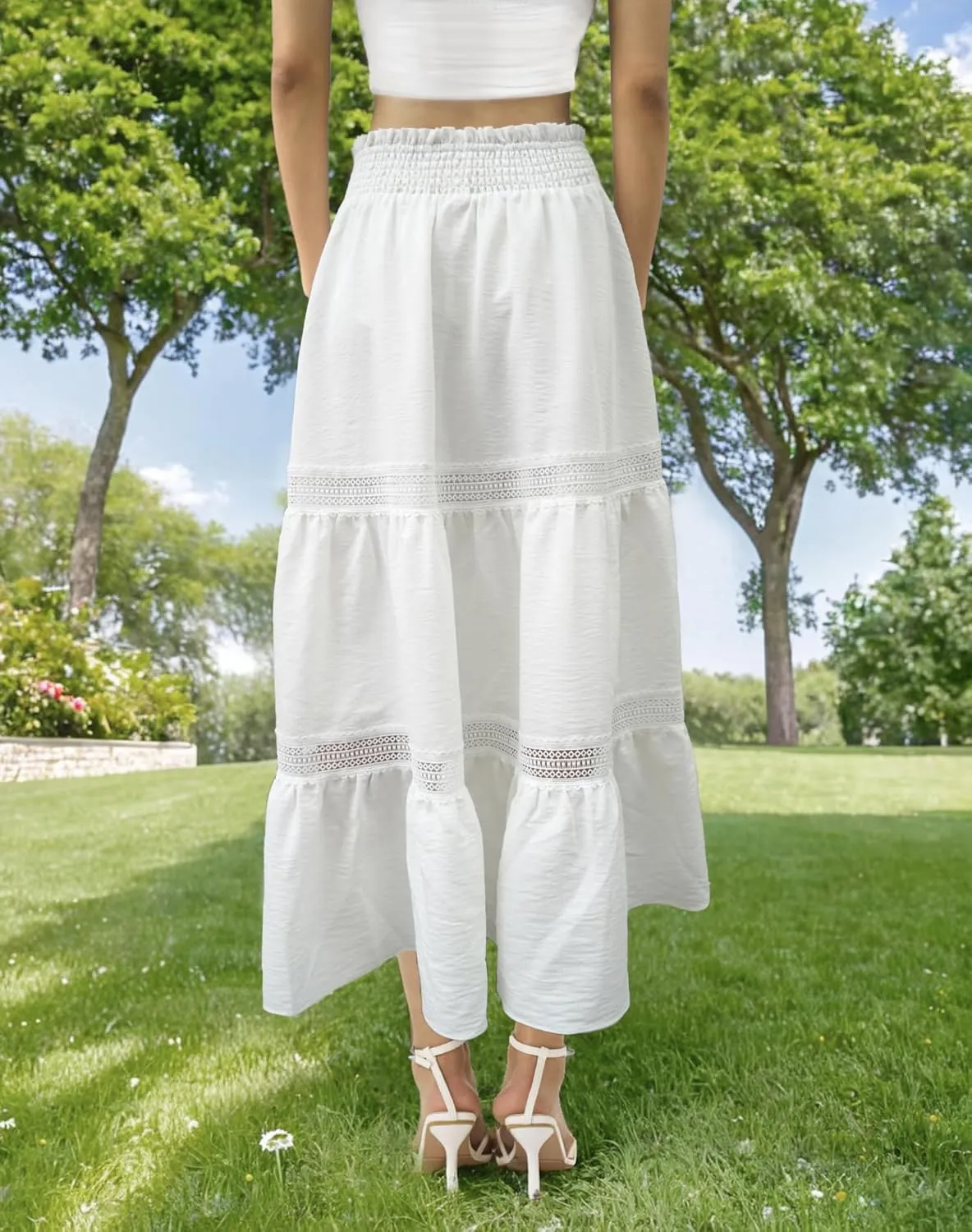 Womens Summer Boho Skirt Elastic Waist Pleated A-Line Flowy Swing Tiered Long Beach Skirt Dress with Pockets