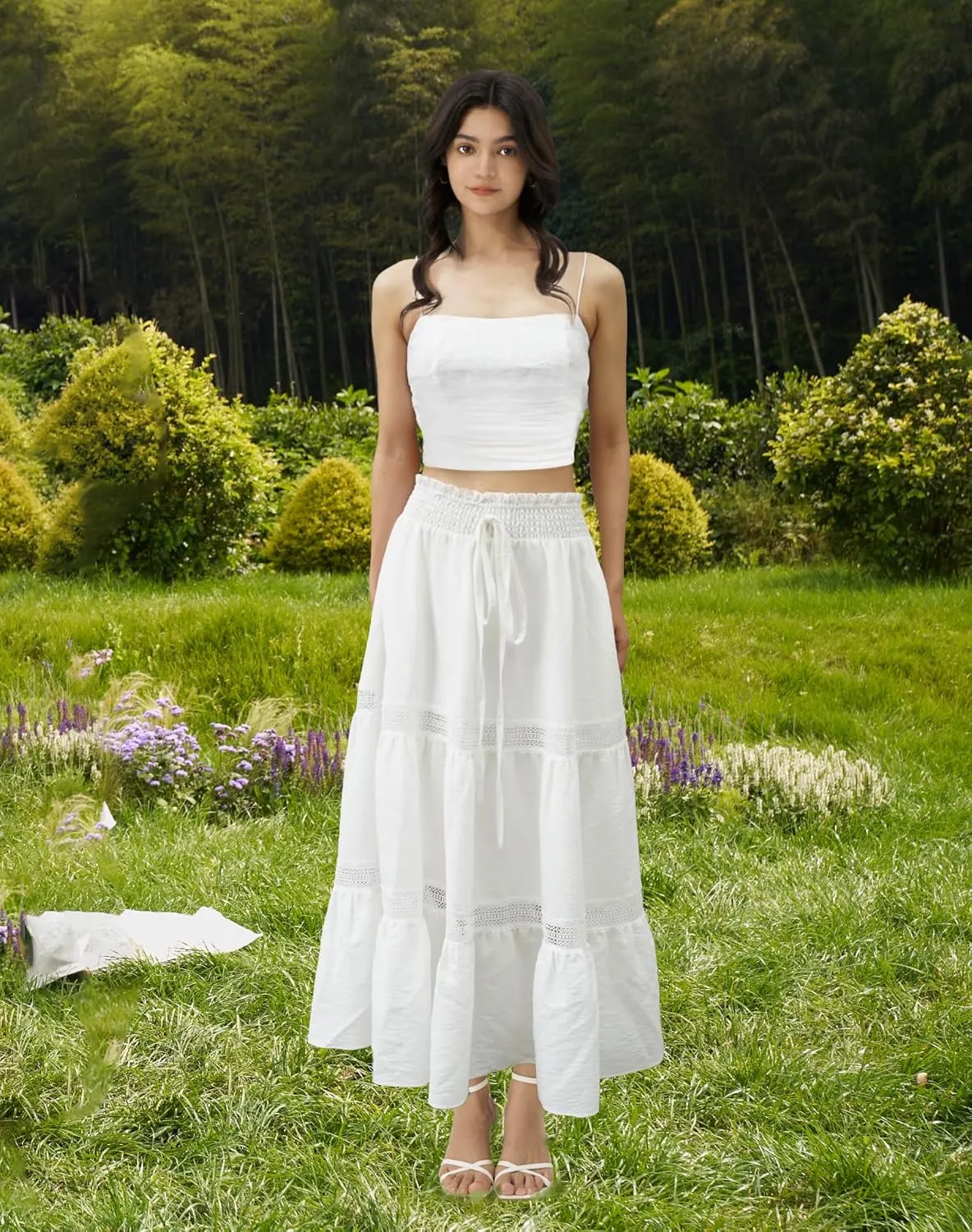 Womens Summer Boho Skirt Elastic Waist Pleated A-Line Flowy Swing Tiered Long Beach Skirt Dress with Pockets