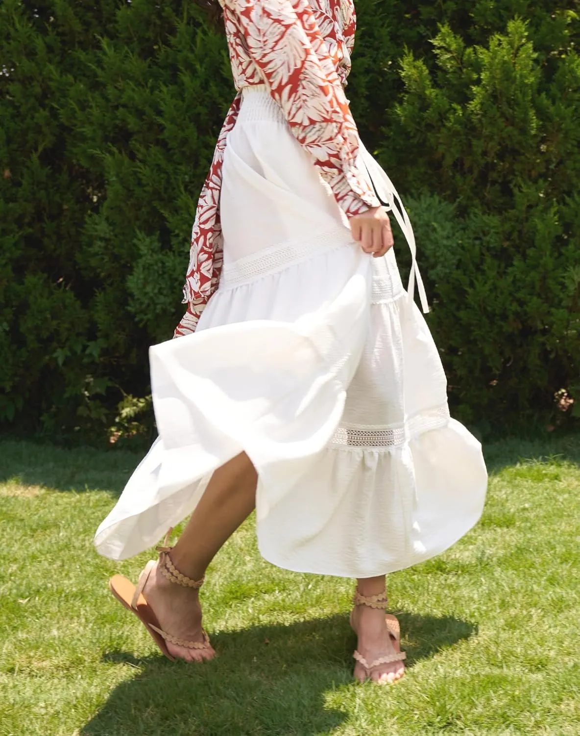 Womens Summer Boho Skirt Elastic Waist Pleated A-Line Flowy Swing Tiered Long Beach Skirt Dress with Pockets