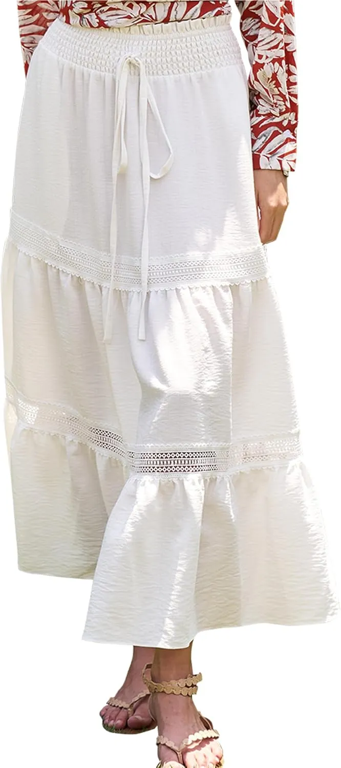 Womens Summer Boho Skirt Elastic Waist Pleated A-Line Flowy Swing Tiered Long Beach Skirt Dress with Pockets