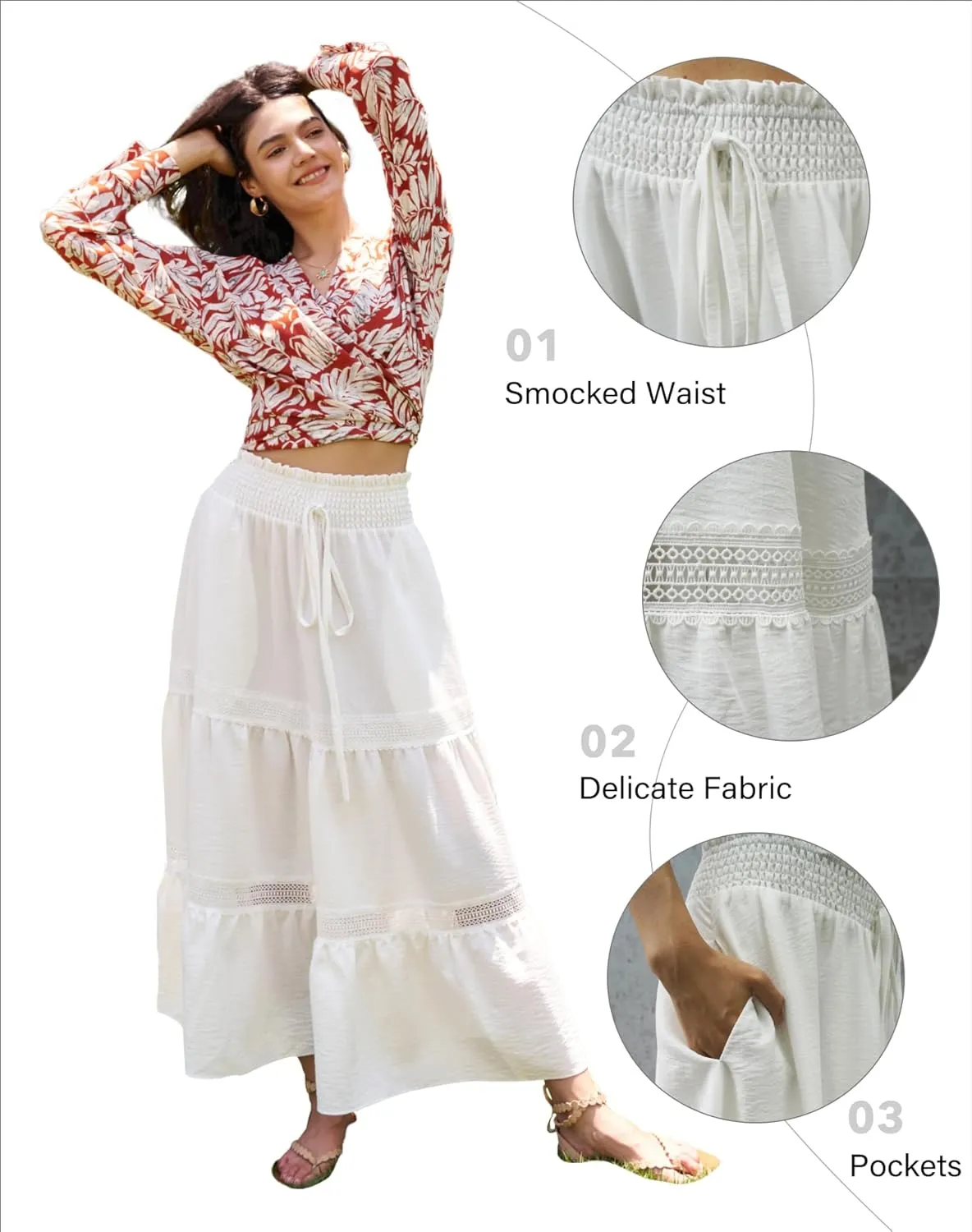 Womens Summer Boho Skirt Elastic Waist Pleated A-Line Flowy Swing Tiered Long Beach Skirt Dress with Pockets
