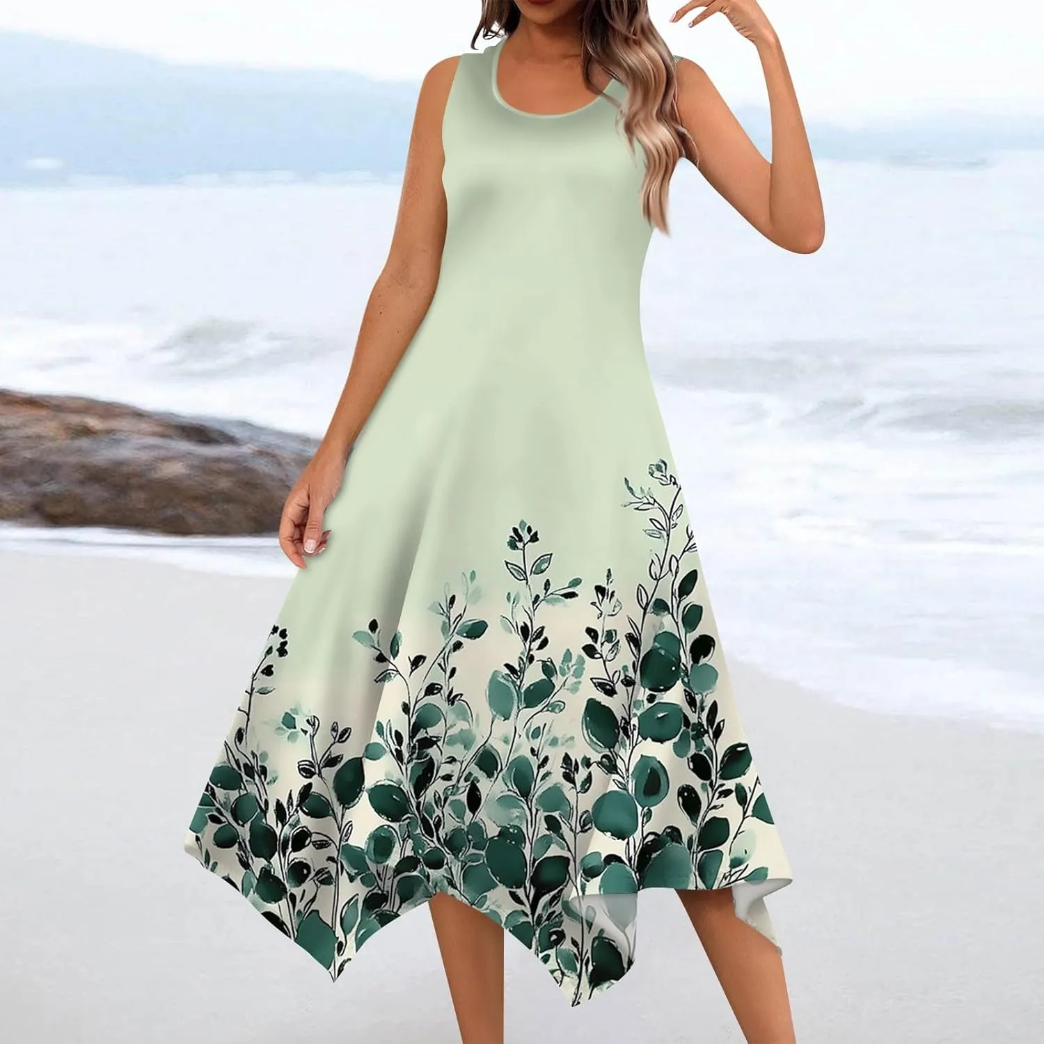 Womens Summer Dresses Sleeveless Round Neck Midi Dress Boho Floral Printed Irregular Hem Flowy Beach Sundress