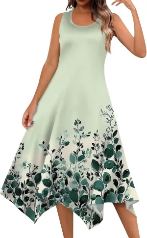 Womens Summer Dresses Sleeveless Round Neck Midi Dress Boho Floral Printed Irregular Hem Flowy Beach Sundress