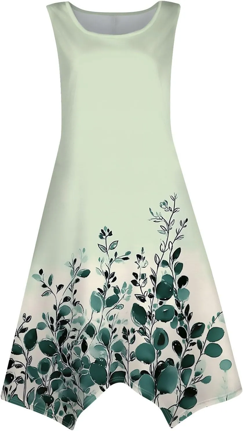 Womens Summer Dresses Sleeveless Round Neck Midi Dress Boho Floral Printed Irregular Hem Flowy Beach Sundress