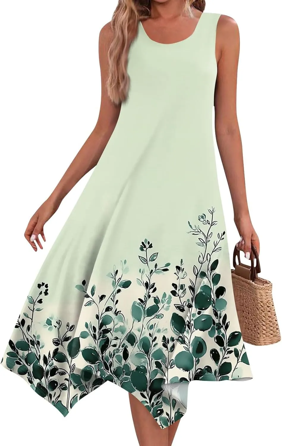 Womens Summer Dresses Sleeveless Round Neck Midi Dress Boho Floral Printed Irregular Hem Flowy Beach Sundress