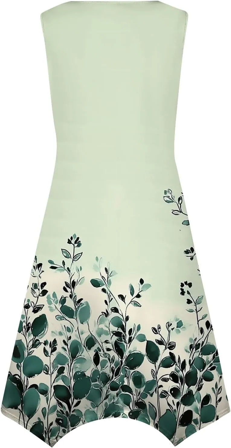 Womens Summer Dresses Sleeveless Round Neck Midi Dress Boho Floral Printed Irregular Hem Flowy Beach Sundress