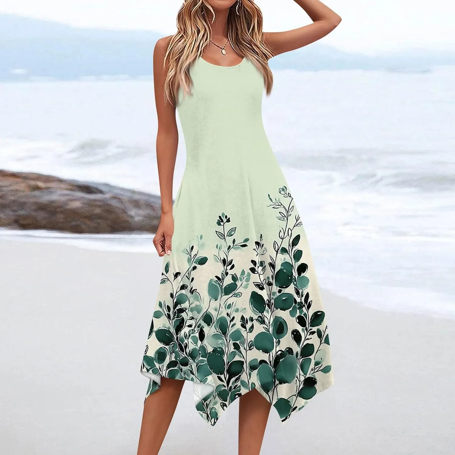 Womens Summer Dresses Sleeveless Round Neck Midi Dress Boho Floral Printed Irregular Hem Flowy Beach Sundress