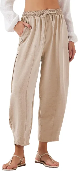 Women's Summer High Waisted Baggy Harem Pants Casual Ankle Length Trouser Slacks with Pockets
