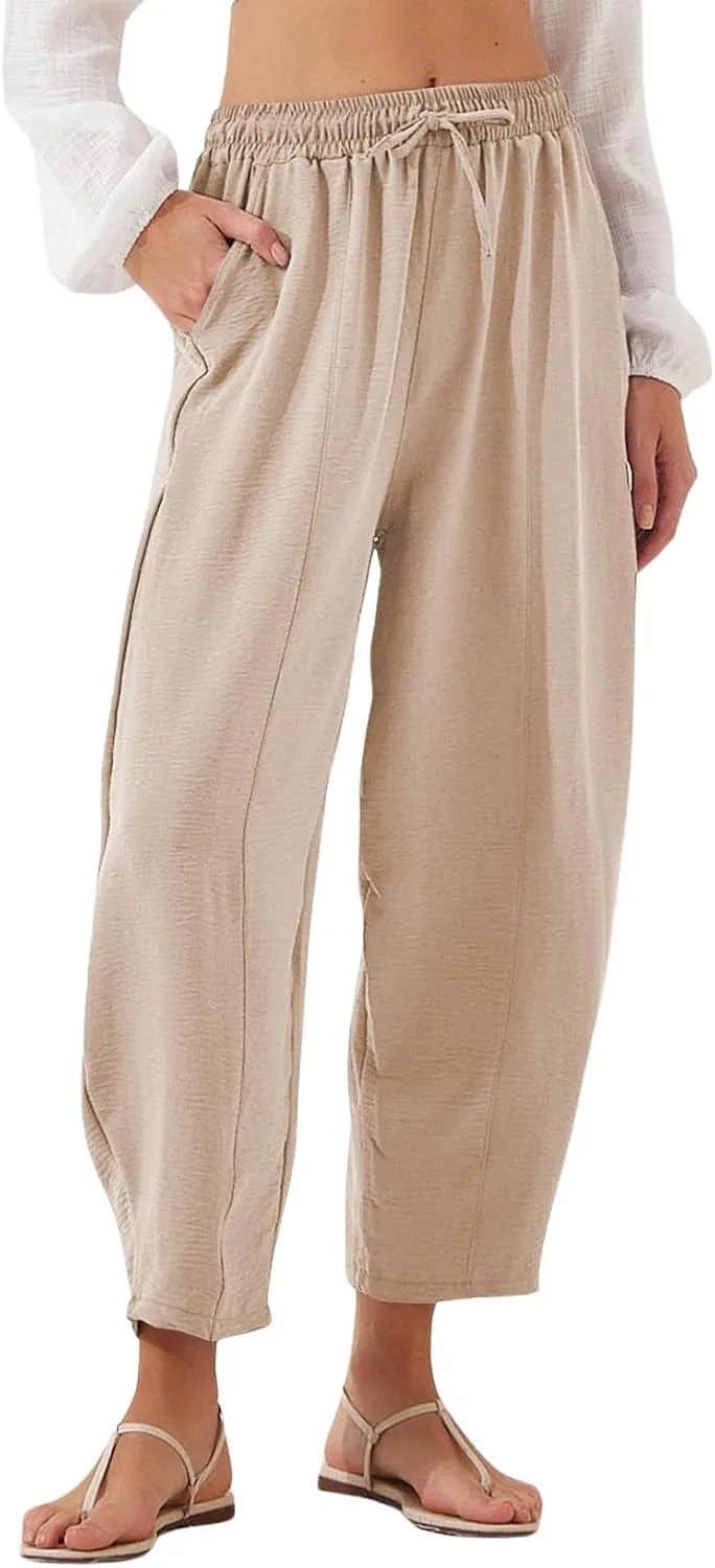 Women's Summer High Waisted Baggy Harem Pants Casual Ankle Length Trouser Slacks with Pockets