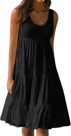 Women's Summer Sun Dresses Tiered Ruffle Sundress Scoop Neck Sleeveless Tank Dress Sexy Casual Flowy Beach