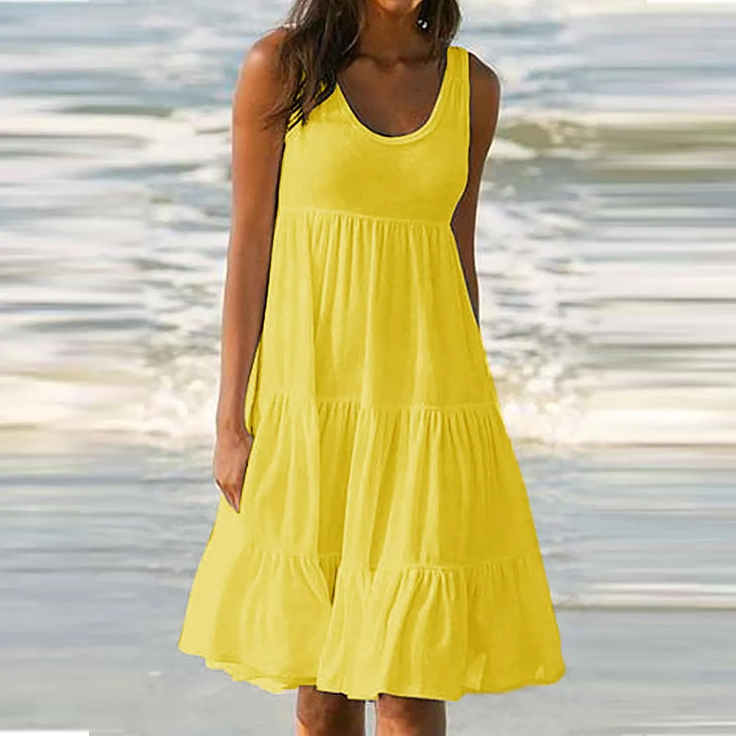 Women's Summer Sun Dresses Tiered Ruffle Sundress Scoop Neck Sleeveless Tank Dress Sexy Casual Flowy Beach