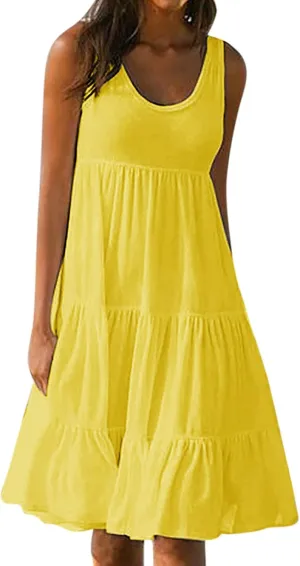 Women's Summer Sun Dresses Tiered Ruffle Sundress Scoop Neck Sleeveless Tank Dress Sexy Casual Flowy Beach