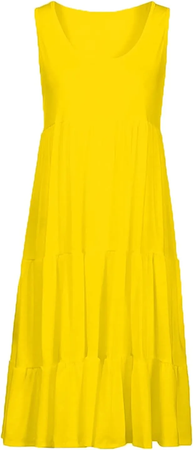 Women's Summer Sun Dresses Tiered Ruffle Sundress Scoop Neck Sleeveless Tank Dress Sexy Casual Flowy Beach