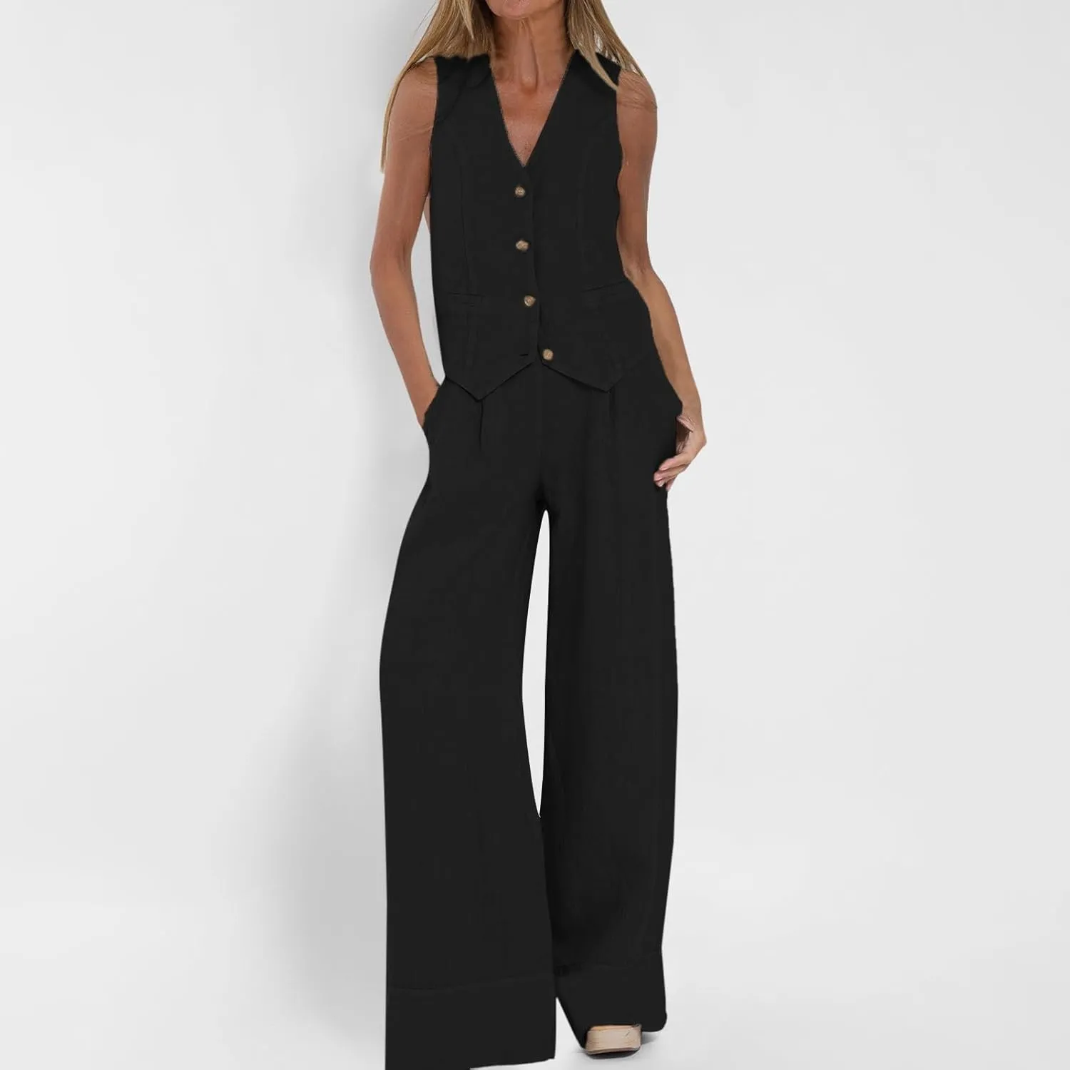 Womens Two Piece Outfits Summer Fashion Button V Neck Crop Vest and Wide Leg Pants Suit Matching Sets