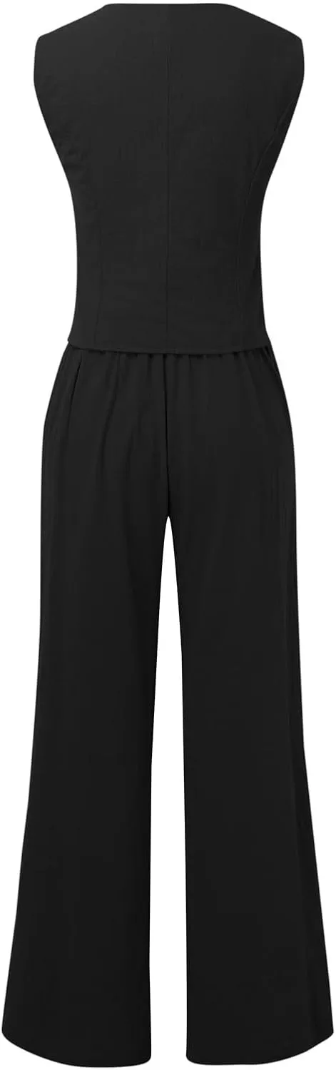 Womens Two Piece Outfits Summer Fashion Button V Neck Crop Vest and Wide Leg Pants Suit Matching Sets