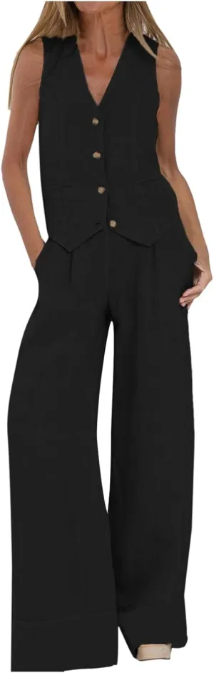 Womens Two Piece Outfits Summer Fashion Button V Neck Crop Vest and Wide Leg Pants Suit Matching Sets