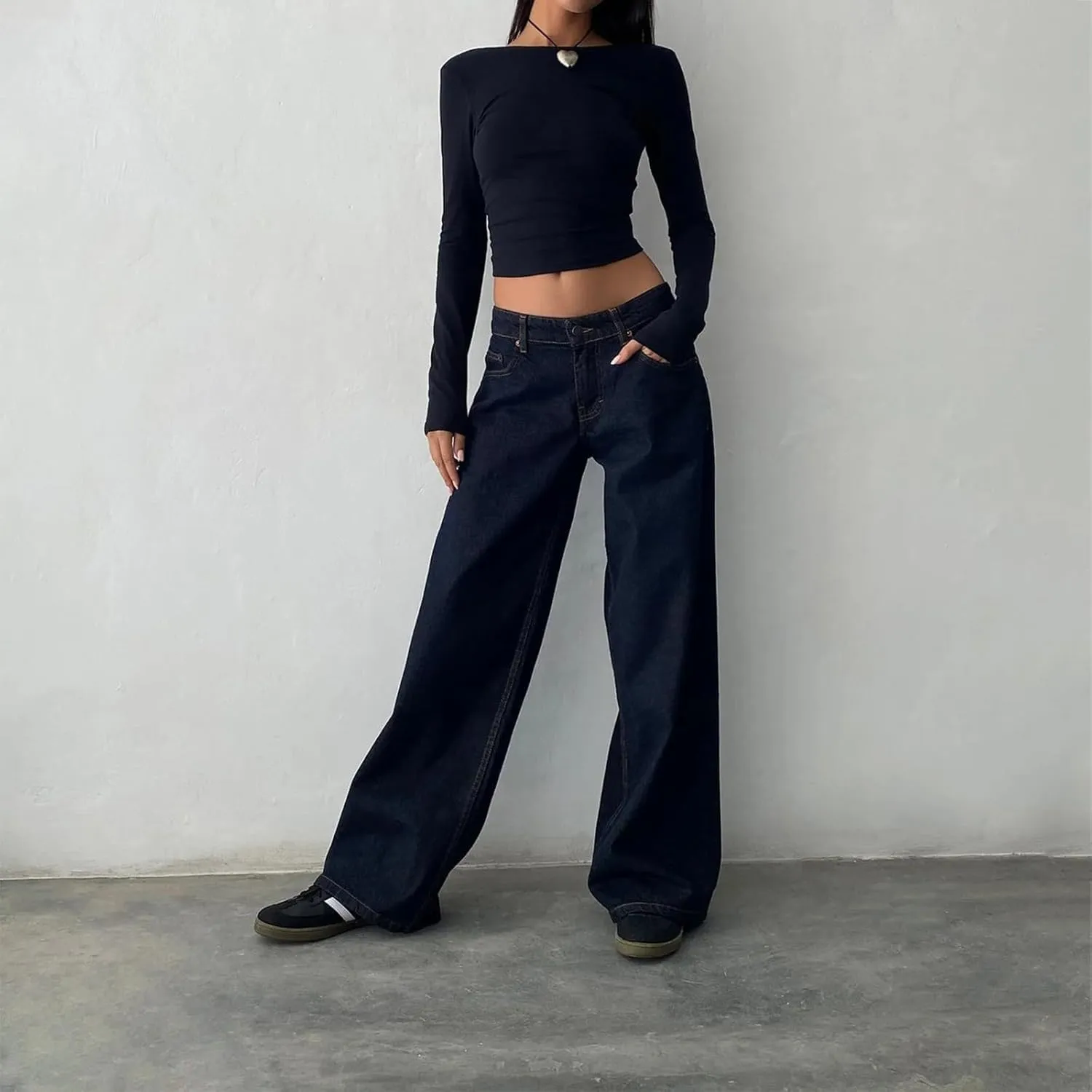 Women's Wide Leg Boyfriend Denim Pants - Low Rise Baggy Casual Loose Jeans - Y2K E-Girl Style