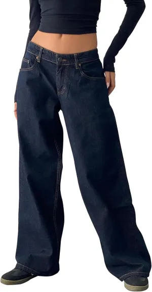 Women's Wide Leg Boyfriend Denim Pants - Low Rise Baggy Casual Loose Jeans - Y2K E-Girl Style