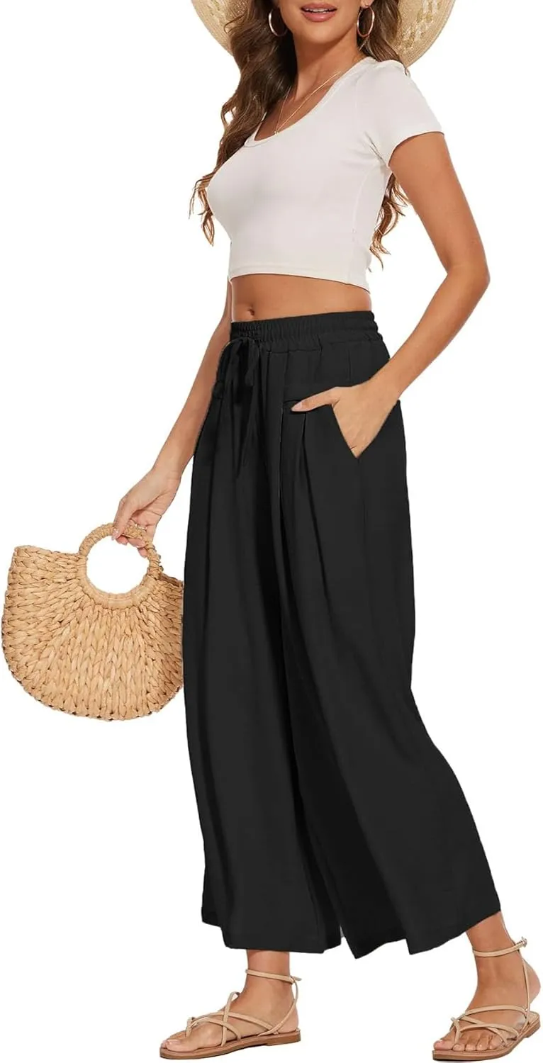 Women's Wide Leg Palazzo Pants Flowy Summer Beach Pants Drawstring Elastic High Waist Trousers with Pockets