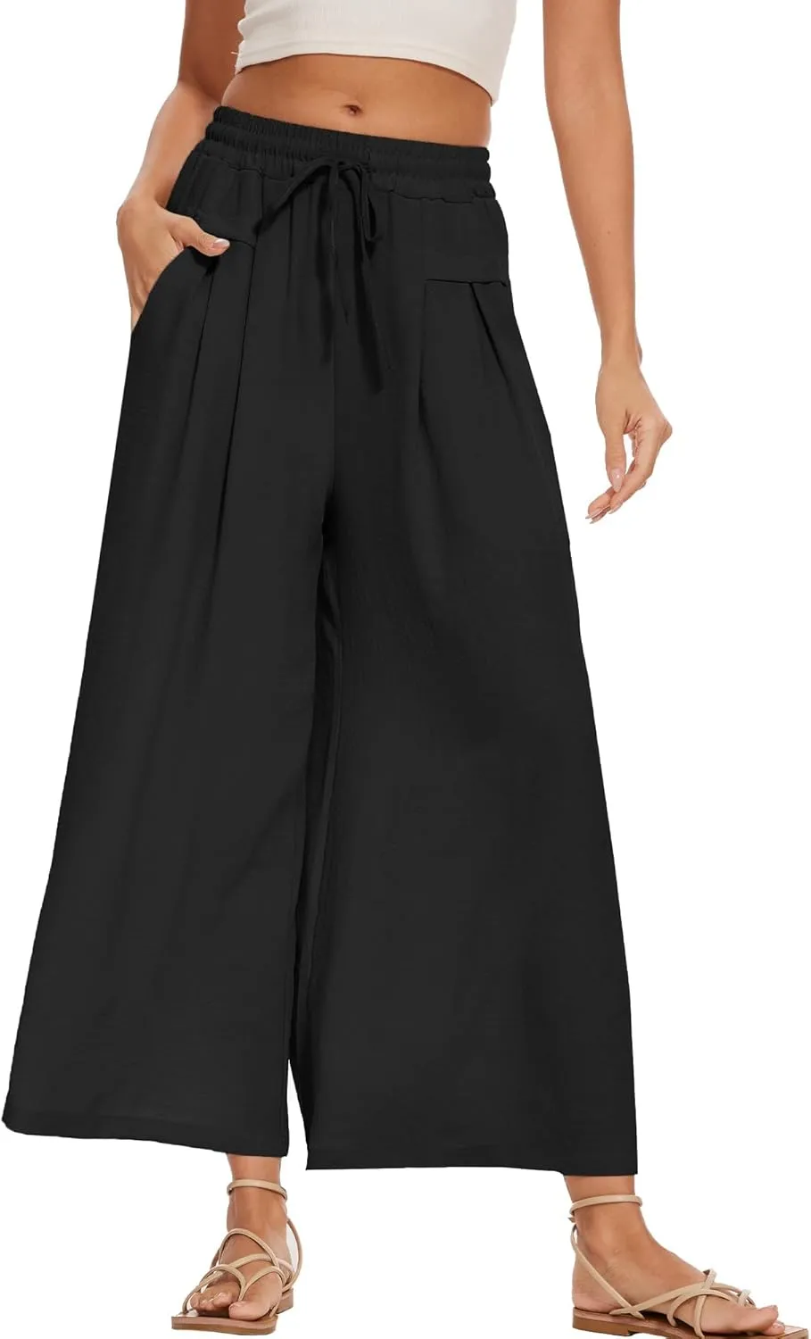 Women's Wide Leg Palazzo Pants Flowy Summer Beach Pants Drawstring Elastic High Waist Trousers with Pockets