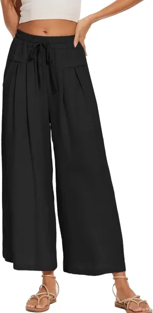 Women's Wide Leg Palazzo Pants Flowy Summer Beach Pants Drawstring Elastic High Waist Trousers with Pockets