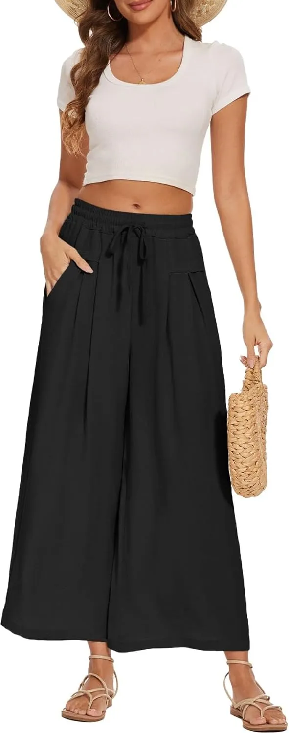 Women's Wide Leg Palazzo Pants Flowy Summer Beach Pants Drawstring Elastic High Waist Trousers with Pockets