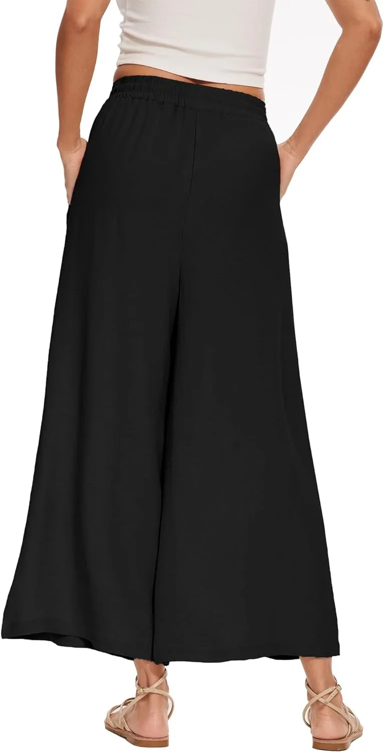 Women's Wide Leg Palazzo Pants Flowy Summer Beach Pants Drawstring Elastic High Waist Trousers with Pockets