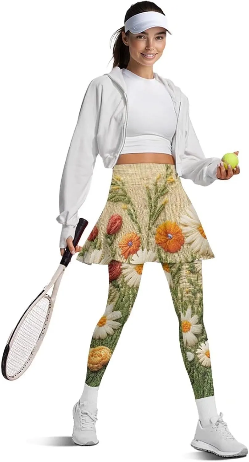 Womens Yoga Leggings with Skirts Tennis Skirts with Workout Running Pants XS-3XL