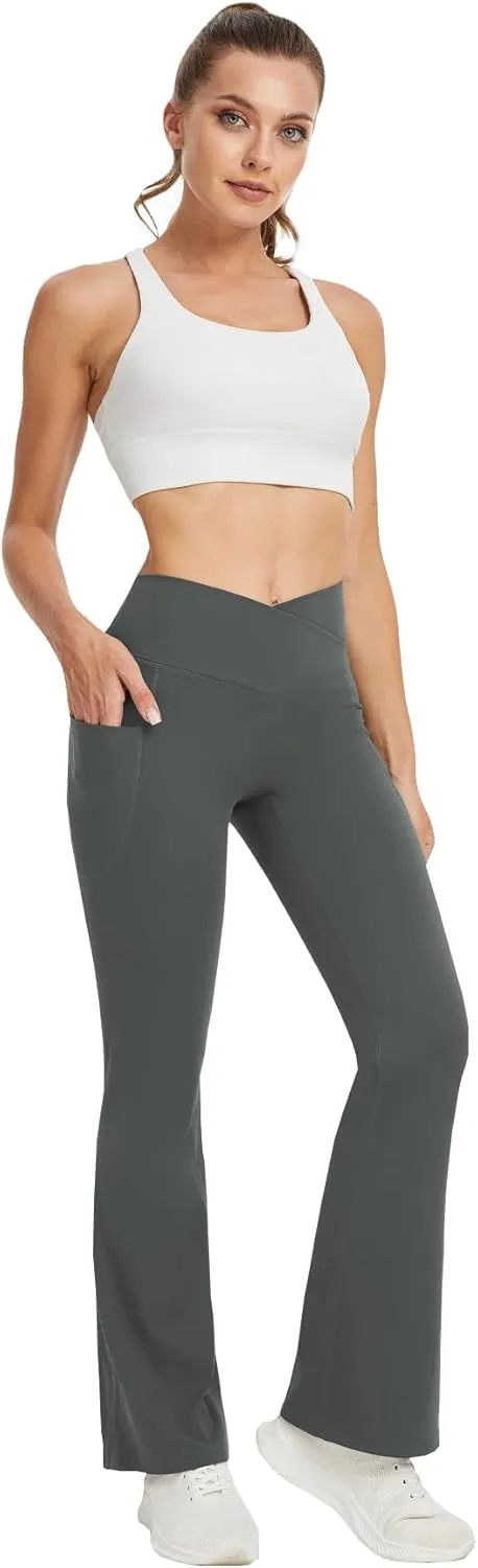 Women's Yoga Pants with Pockets No Front Seam Crossover High Waisted Flare Leggings Tummy Control Bootcut Pants