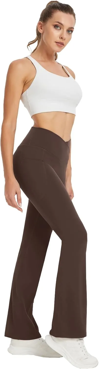 Women's Yoga Pants with Pockets No Front Seam Crossover High Waisted Flare Leggings Tummy Control Bootcut Pants
