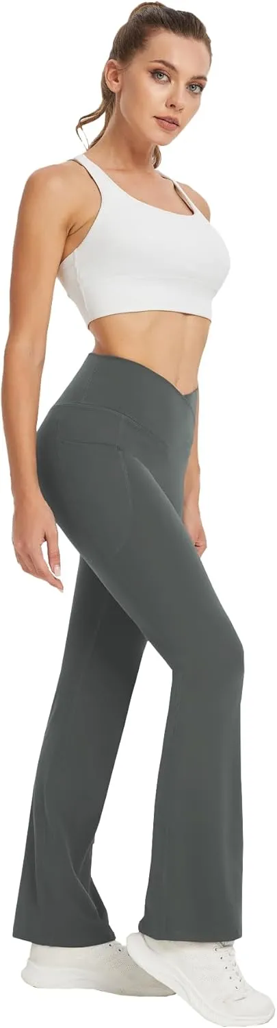 Women's Yoga Pants with Pockets No Front Seam Crossover High Waisted Flare Leggings Tummy Control Bootcut Pants