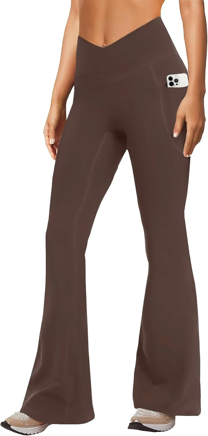 Women's Yoga Pants with Pockets No Front Seam Crossover High Waisted Flare Leggings Tummy Control Bootcut Pants