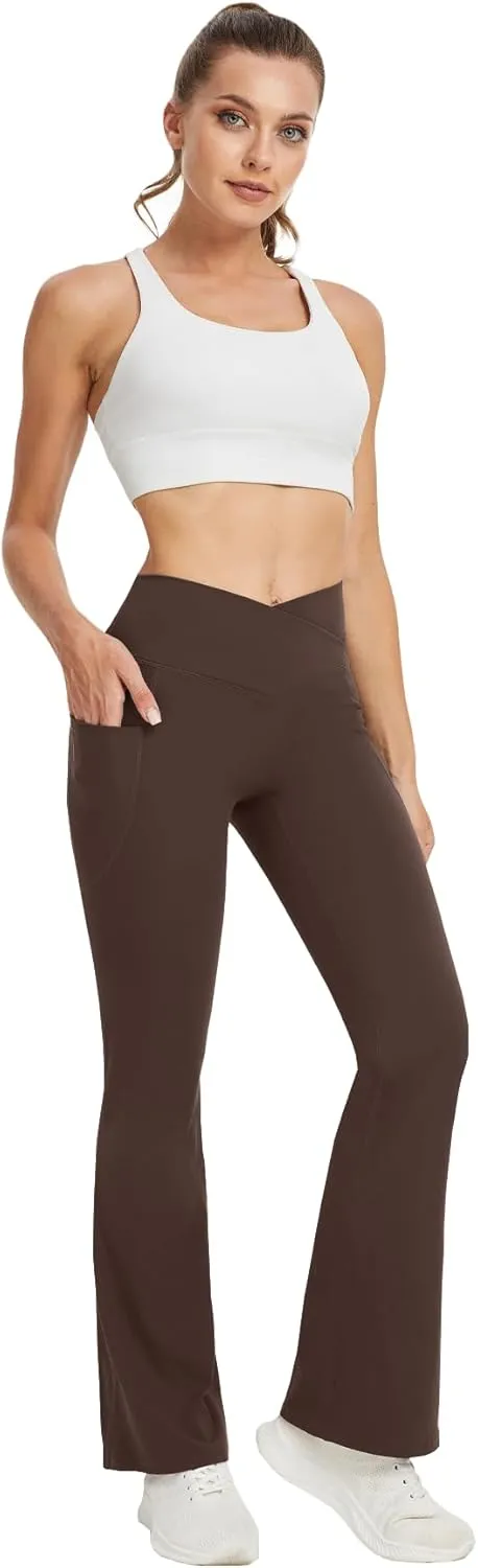 Women's Yoga Pants with Pockets No Front Seam Crossover High Waisted Flare Leggings Tummy Control Bootcut Pants