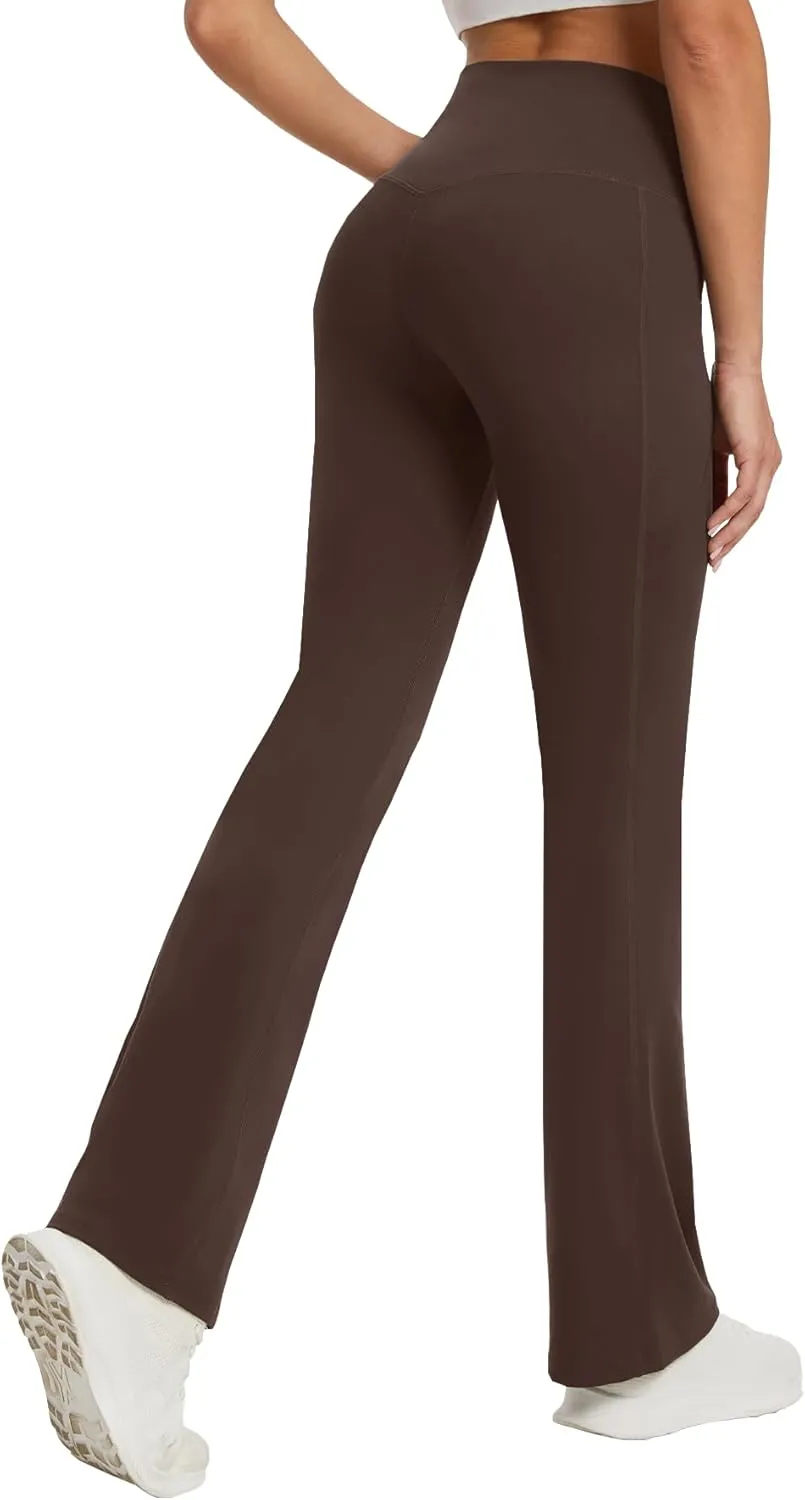 Women's Yoga Pants with Pockets No Front Seam Crossover High Waisted Flare Leggings Tummy Control Bootcut Pants