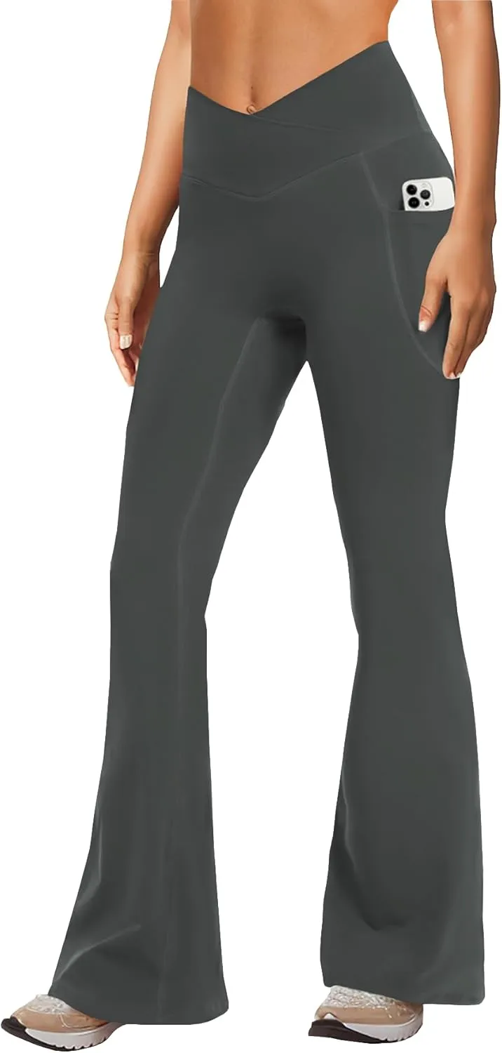 Women's Yoga Pants with Pockets No Front Seam Crossover High Waisted Flare Leggings Tummy Control Bootcut Pants