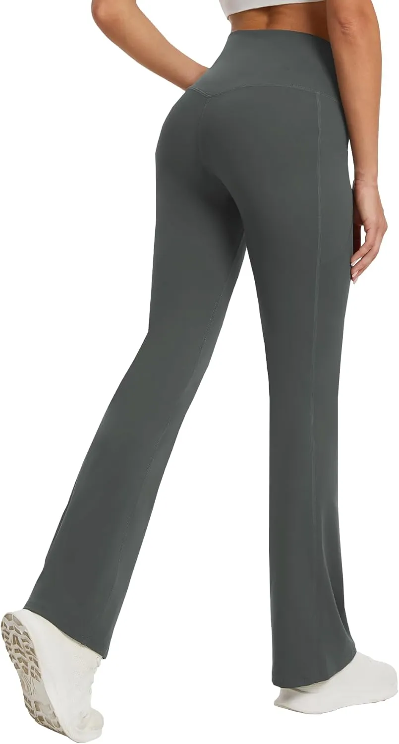 Women's Yoga Pants with Pockets No Front Seam Crossover High Waisted Flare Leggings Tummy Control Bootcut Pants