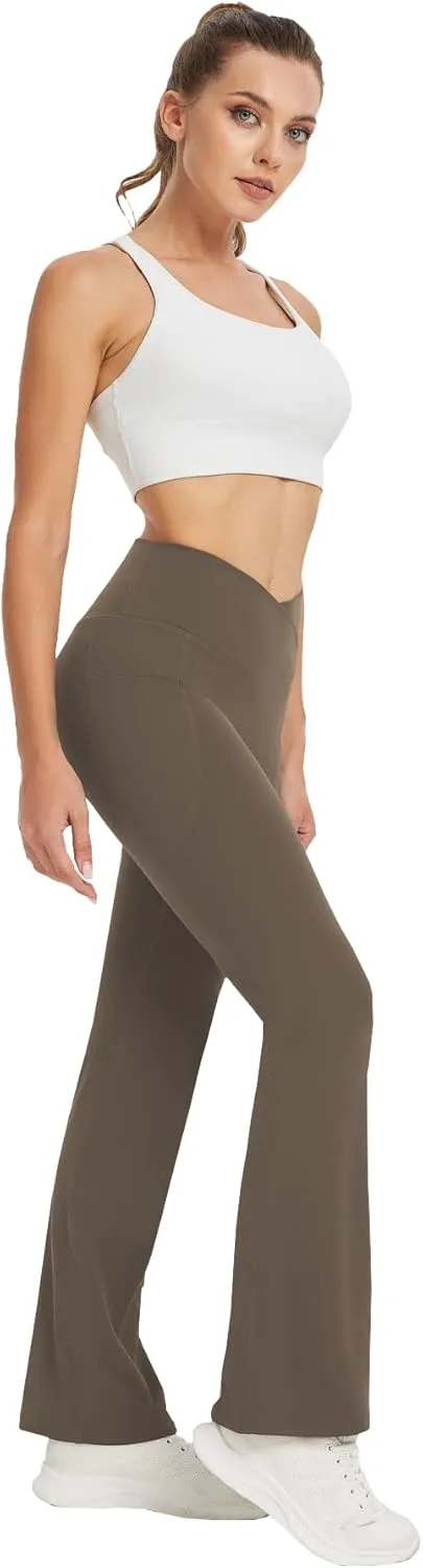Women's Yoga Pants with Pockets No Front Seam Crossover High Waisted Flare Leggings Tummy Control Bootcut Pants