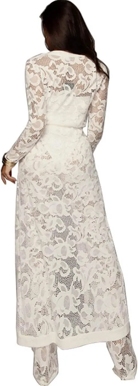xxxiticat Women's Sexy Lace Transparent See Through Wide Leg Pants Tube Top Long Coat Sets Suits