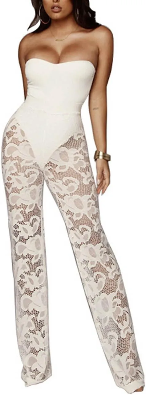 xxxiticat Women's Sexy Lace Transparent See Through Wide Leg Pants Tube Top Long Coat Sets Suits