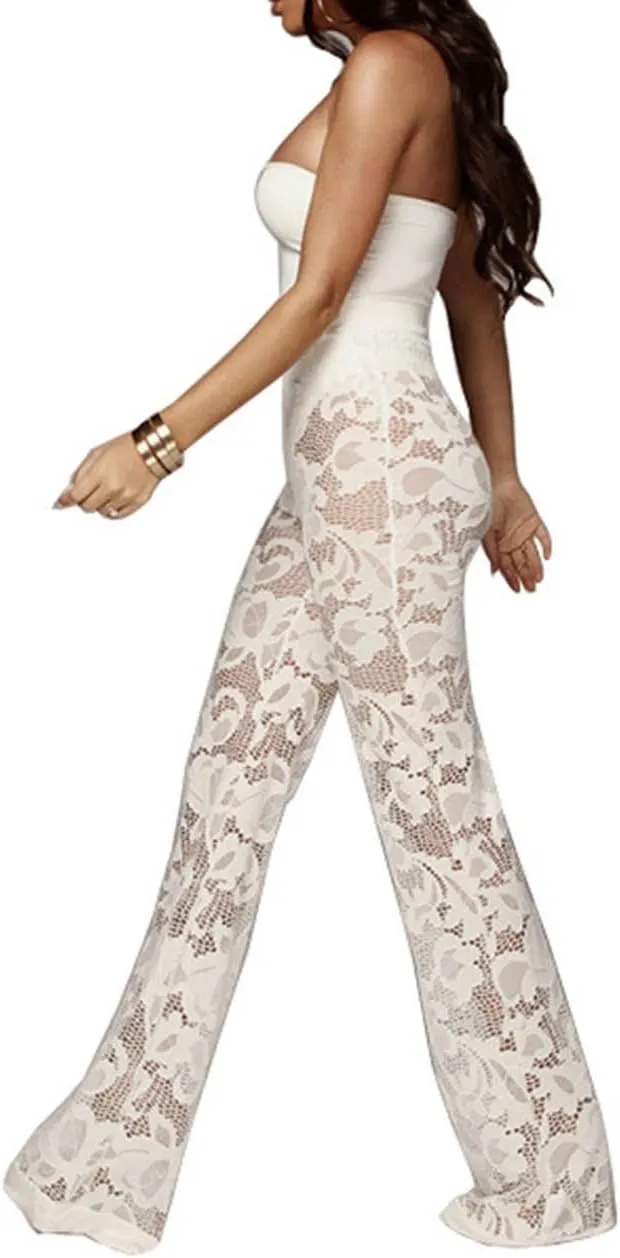xxxiticat Women's Sexy Lace Transparent See Through Wide Leg Pants Tube Top Long Coat Sets Suits