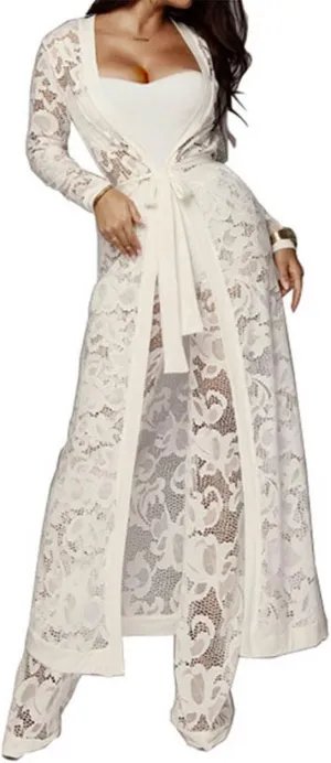 xxxiticat Women's Sexy Lace Transparent See Through Wide Leg Pants Tube Top Long Coat Sets Suits