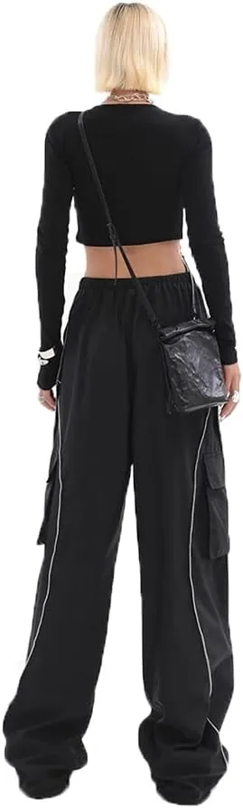 Y2K Parachute Track Pants for Women Low Rise Baggy Wide Leg Cargo Pants for Women
