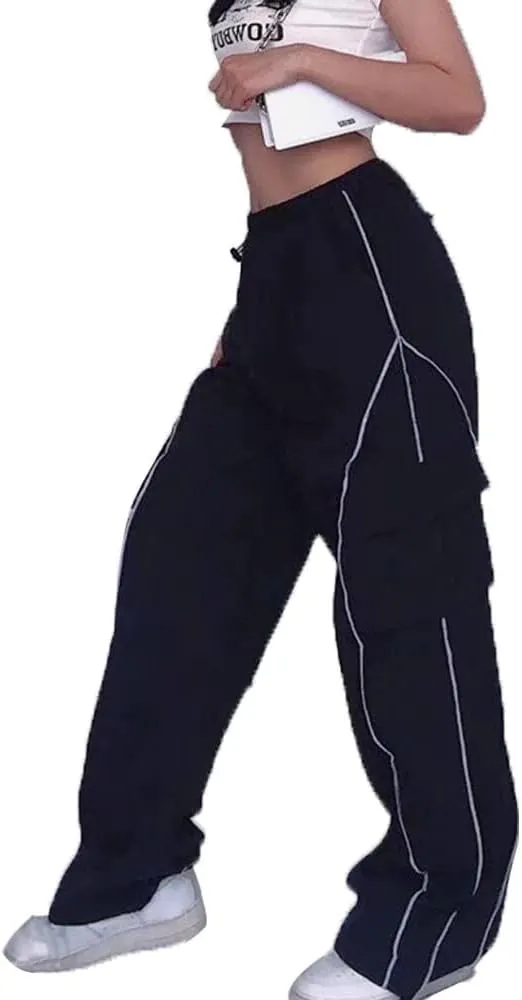 Y2K Parachute Track Pants for Women Low Rise Baggy Wide Leg Cargo Pants for Women