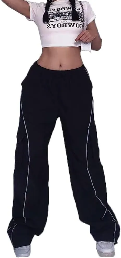 Y2K Parachute Track Pants for Women Low Rise Baggy Wide Leg Cargo Pants for Women