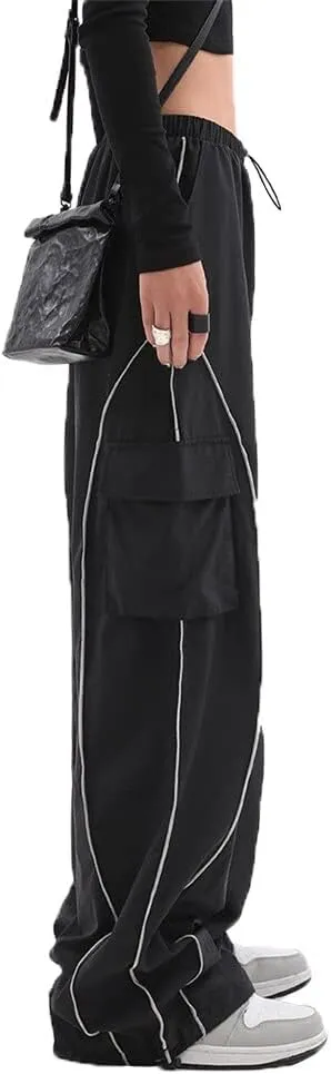 Y2K Parachute Track Pants for Women Low Rise Baggy Wide Leg Cargo Pants for Women